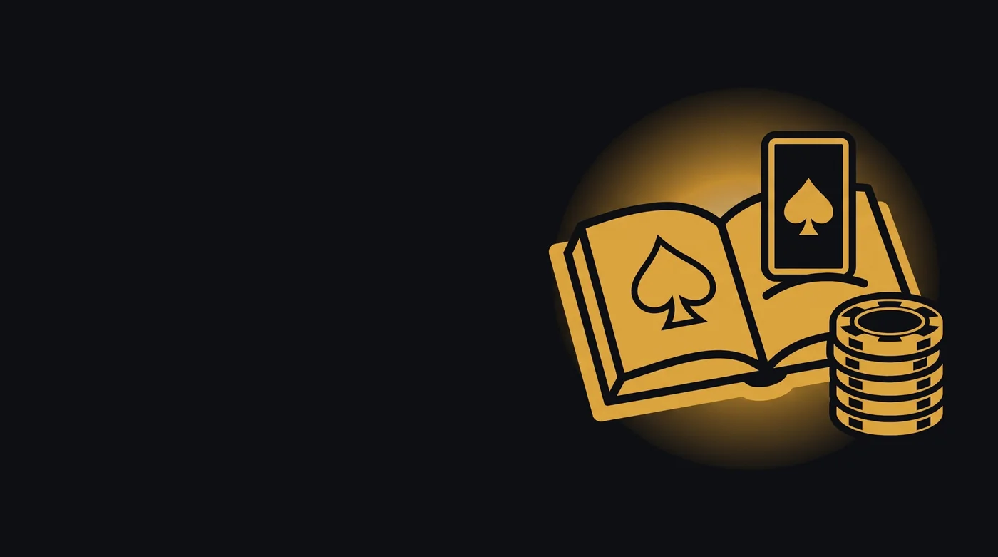 An open book with a spade on the page, a playing card as a bookmark and a stack of poker chips